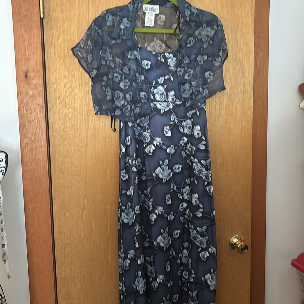 Jodi Michaels Blue Floral Slip Maxi Dress w/Matching Chiffon Jacket Size 7/8